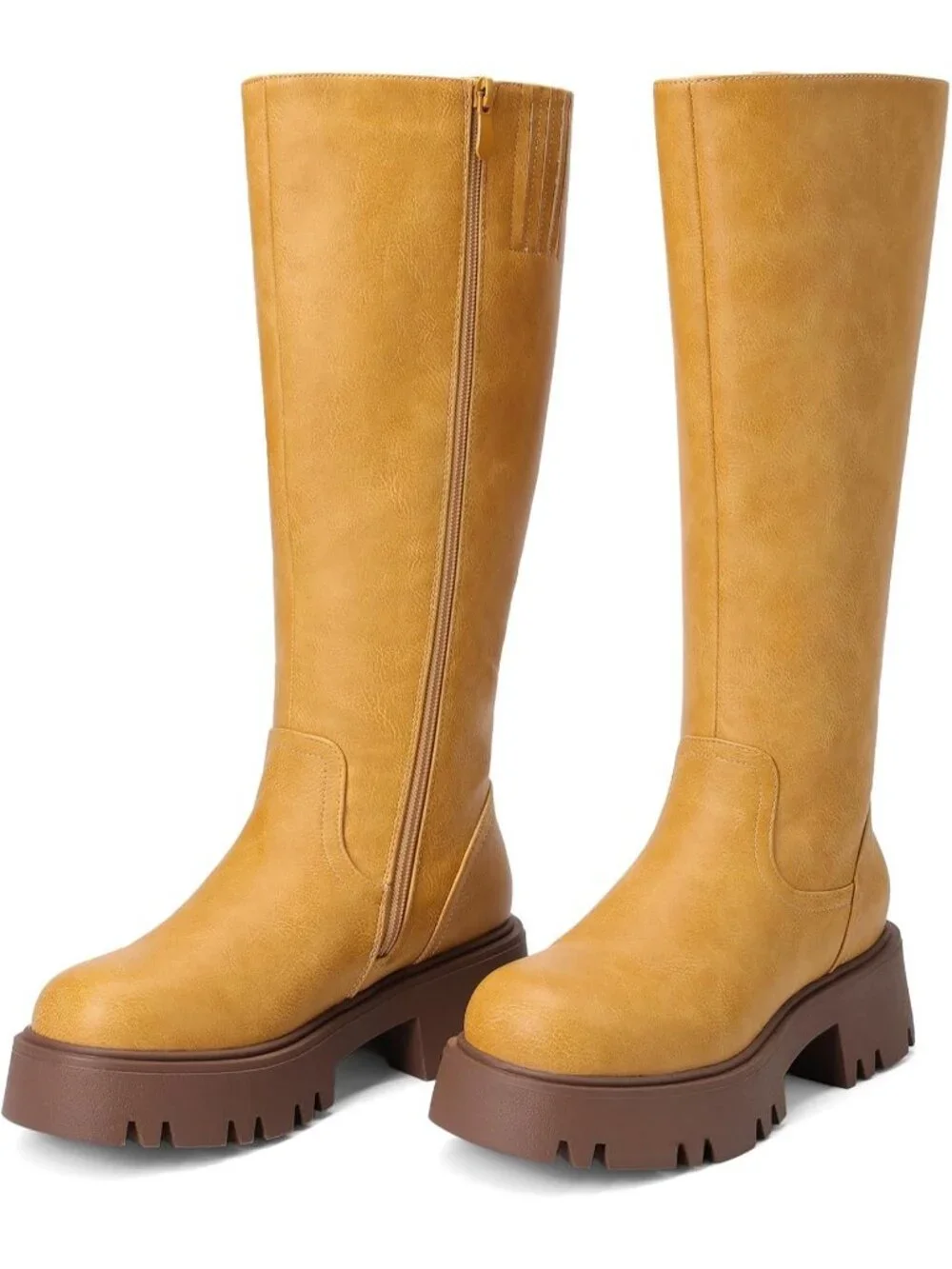 Dream Pairs Women's Yellow Round Toe Side Zipper Platform Chunky Knee High Boots